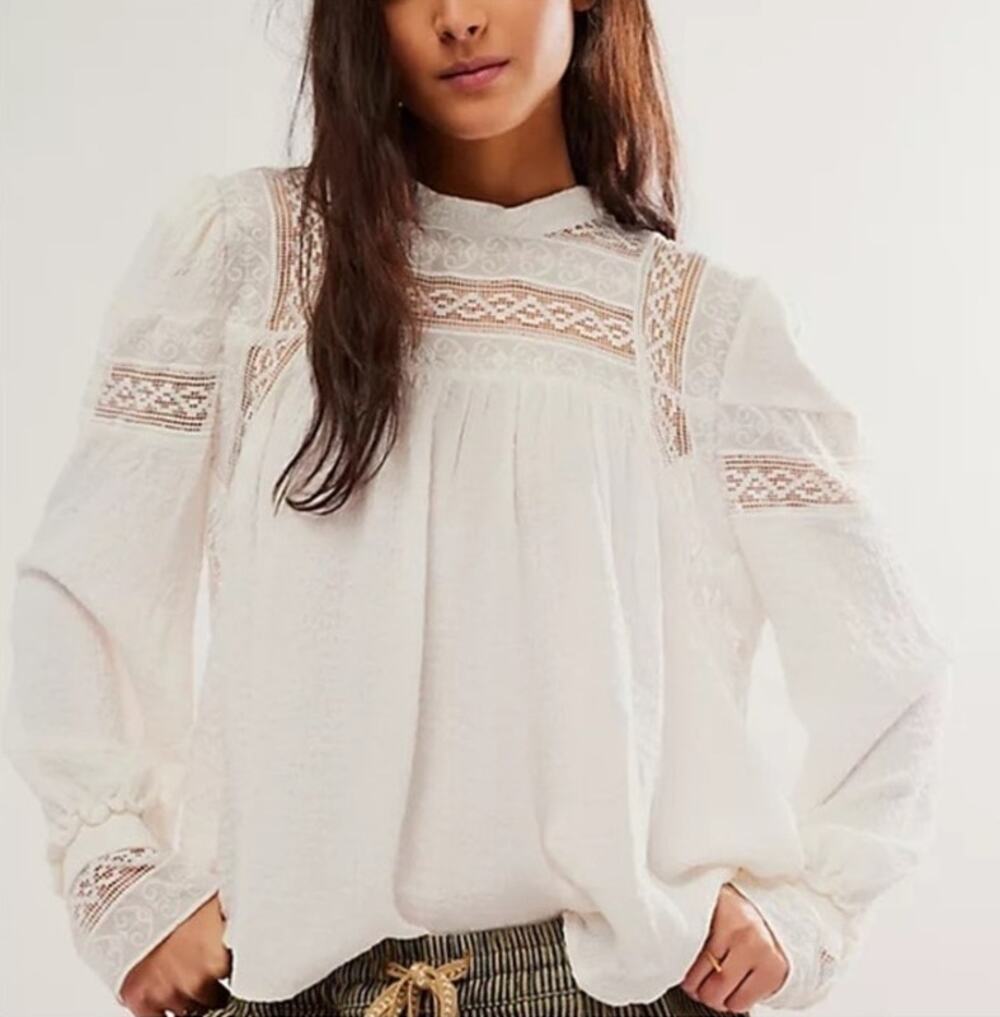 Free People Victorian Embroidered Lace Panels Yoke Cream Peasant Blouse L